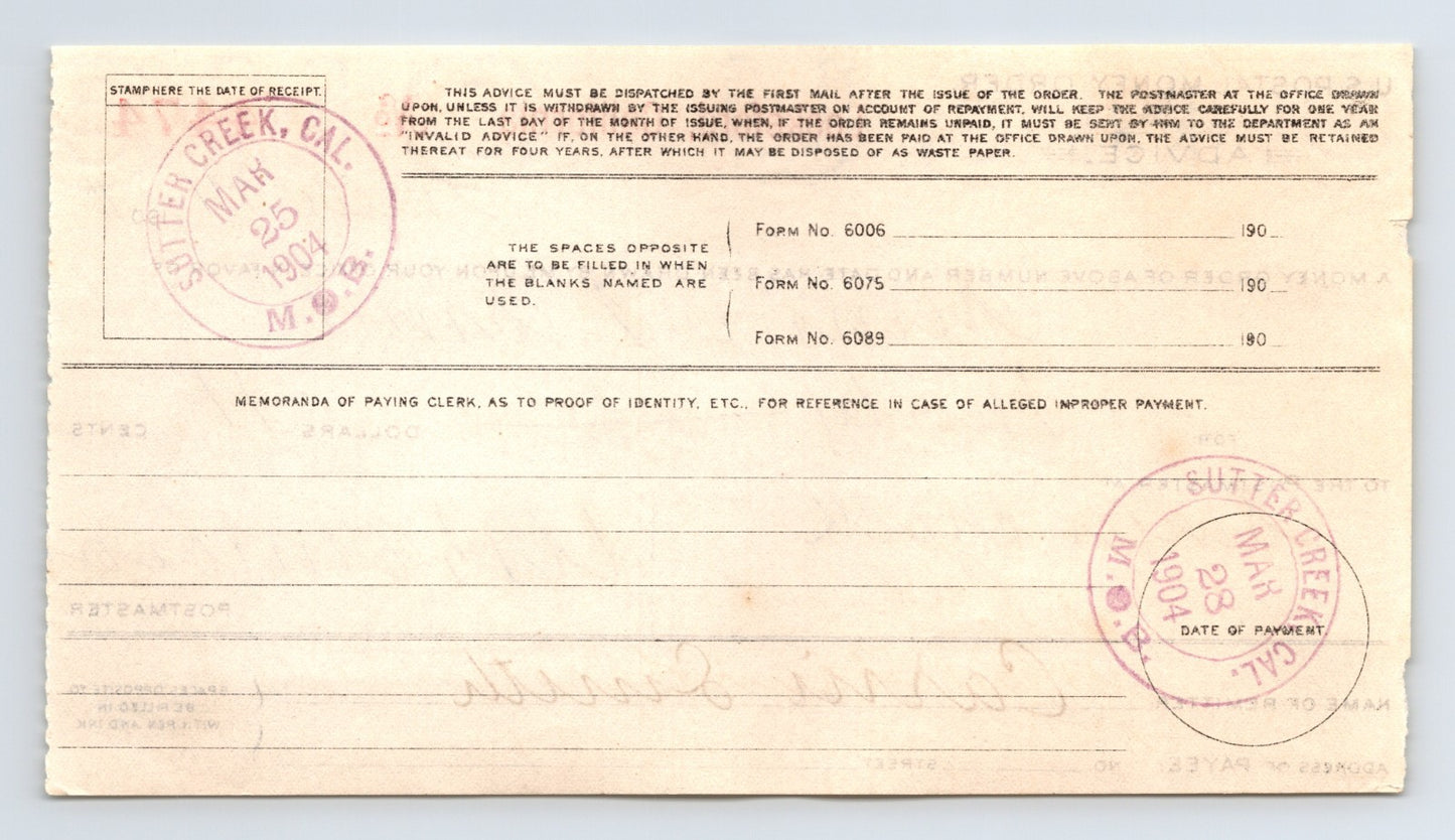 Lockeford California 1904 Postal Money Order Advice Sutter Creek 3.5 x 5