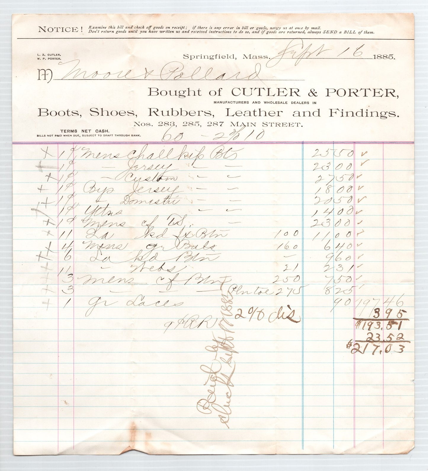 Springfield Massachusetts 1885 Cutler Porter boots shoes leather billhead with handwritten ledger entries and itemized purchases