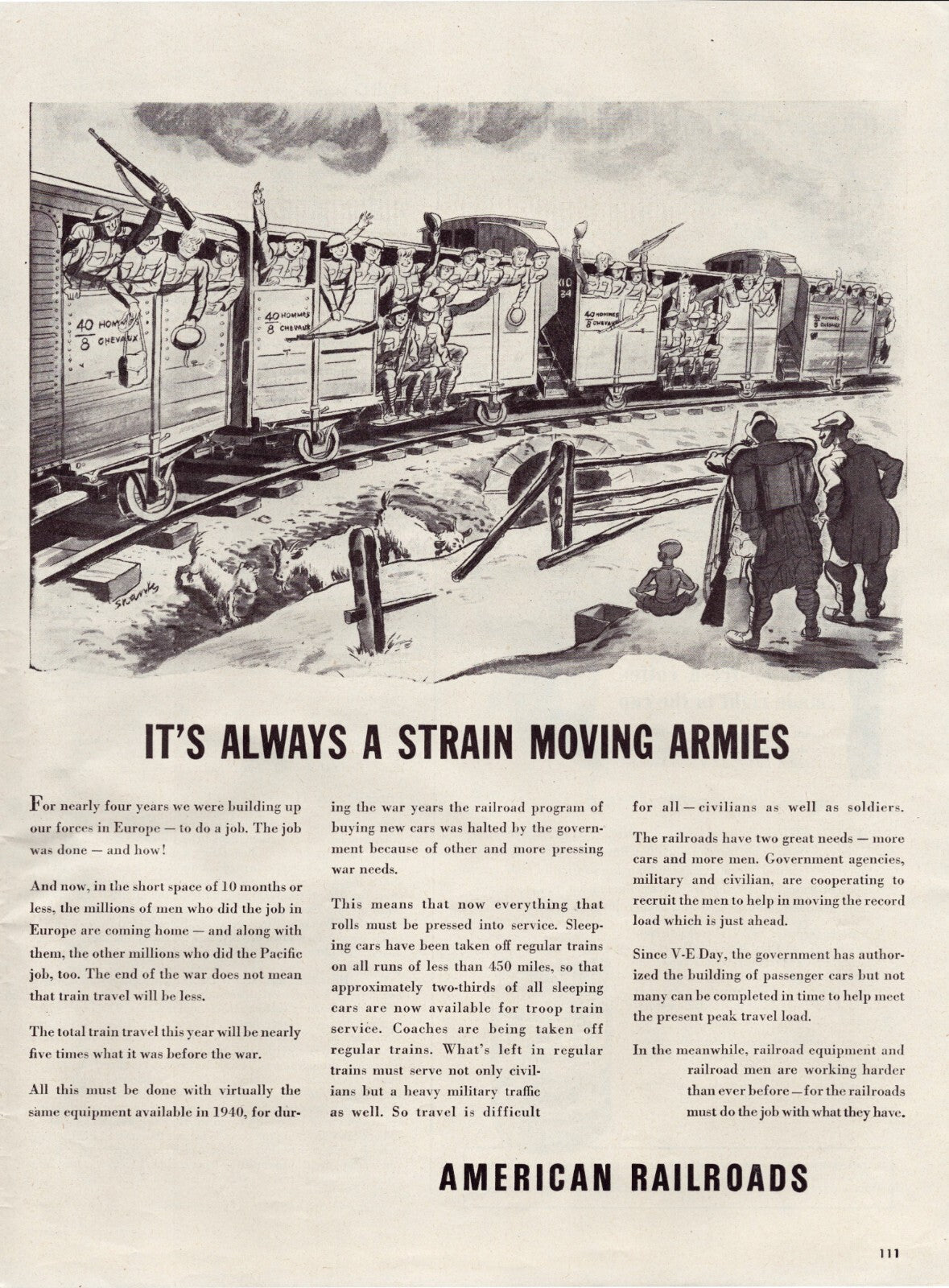 American railroads 1945 troop train soldiers WWII print ad transport wartime logistics