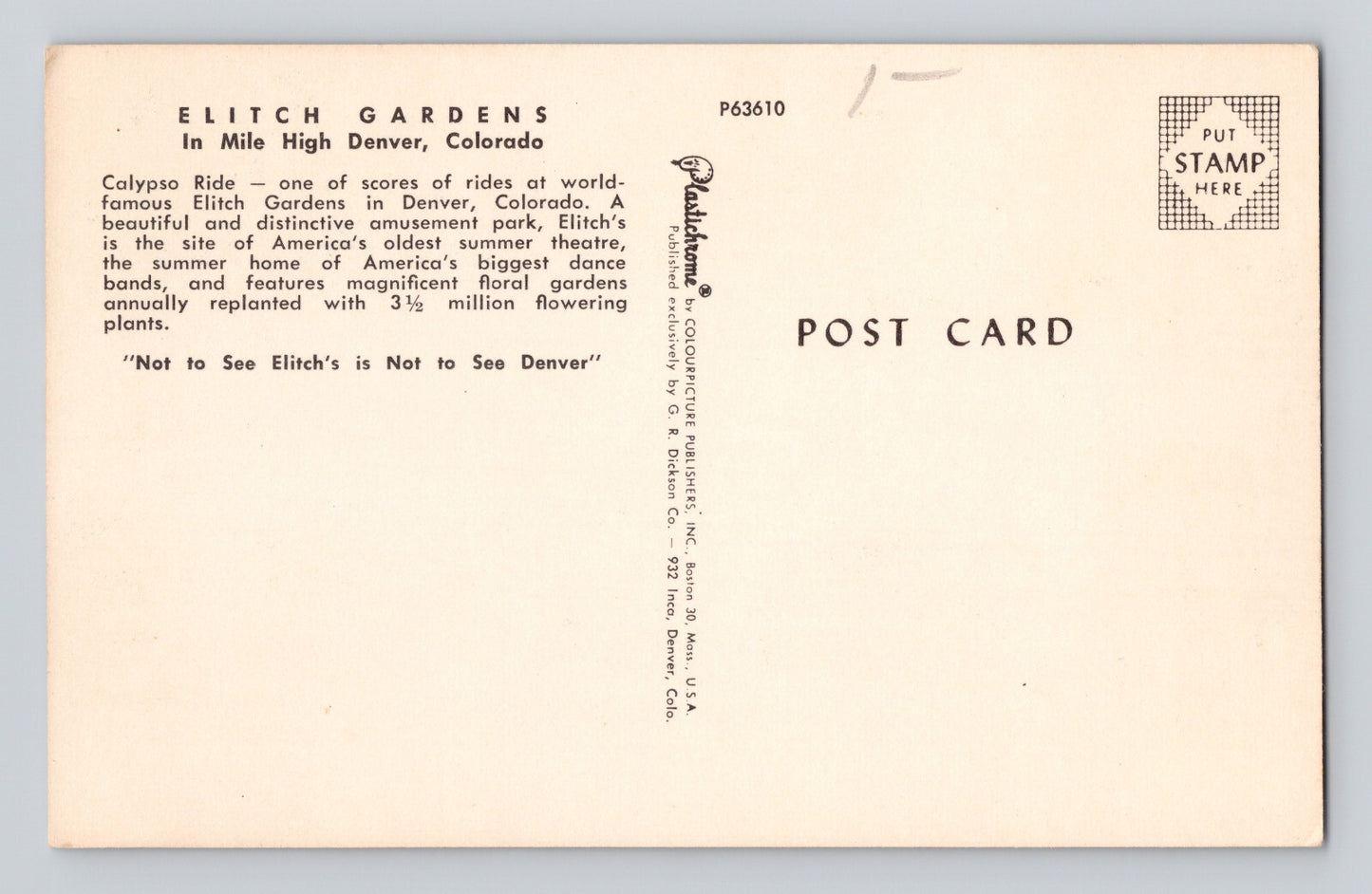 Denver Colorado Elitch Garden Calypso Ride 1960s Chrome Postcard Unposted