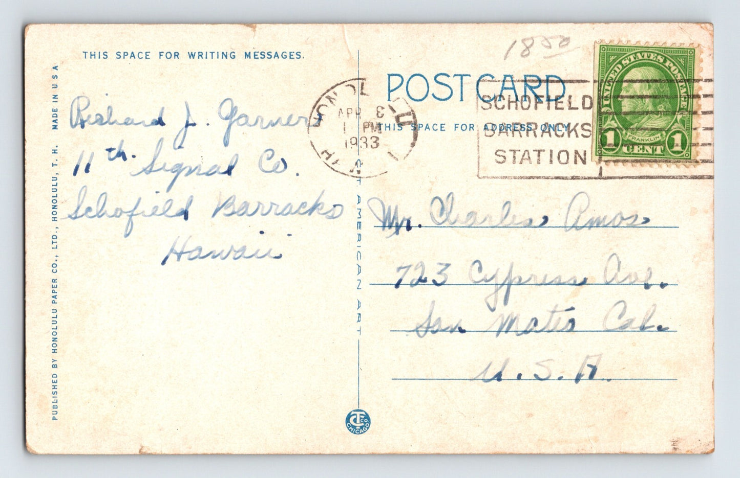 Wailuku Hawaii Union Church 1933 Postcard Posted White Border