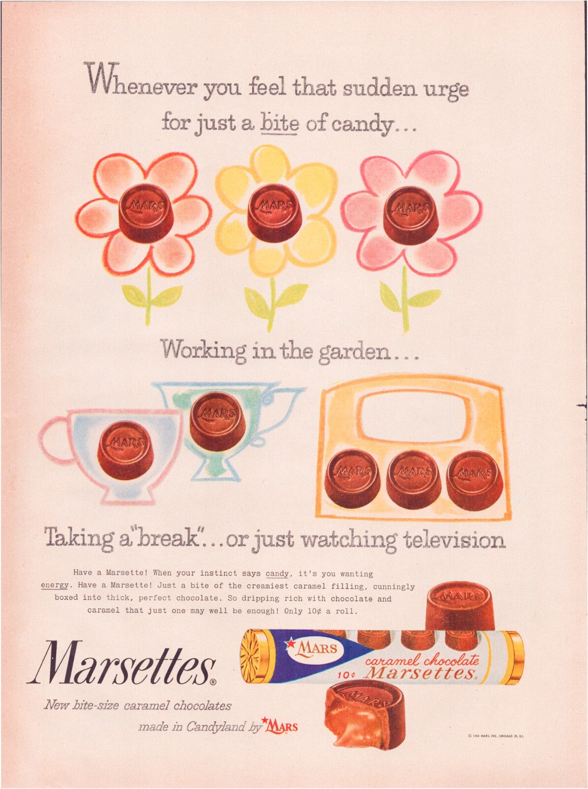 Marsettes Caramel Chocolate 1958 Print Ad Mars Candy Garden Flowers 10.5 x 13.5