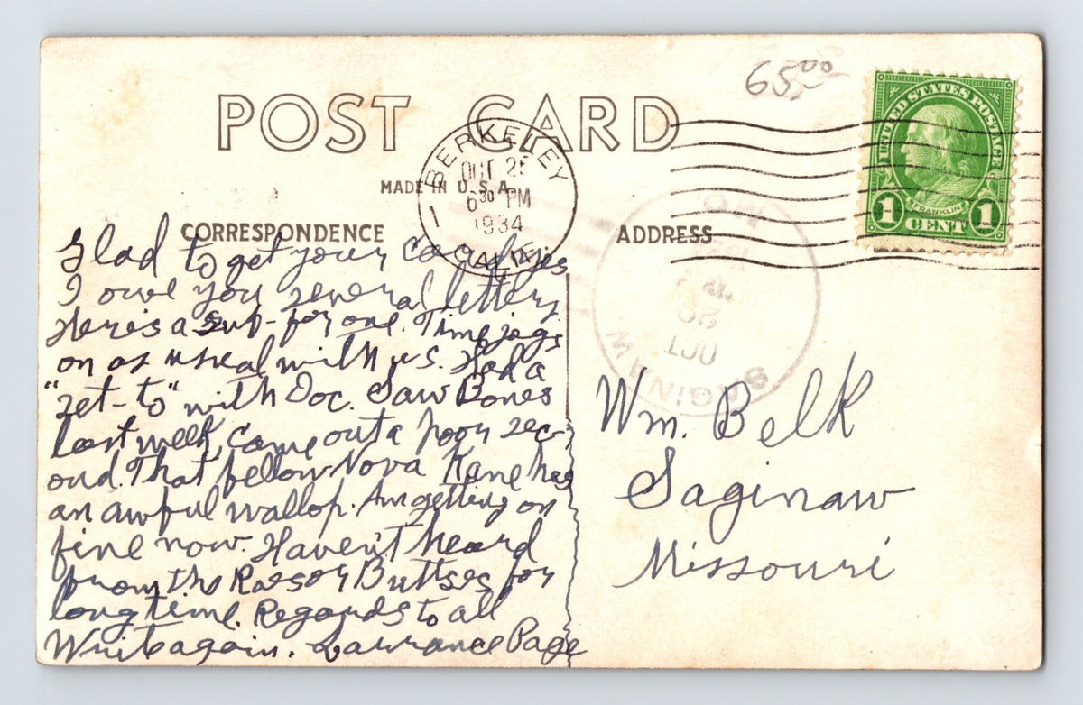 Berkeley California Veterans Memorial Building 1934 Postcard RPPC Posted