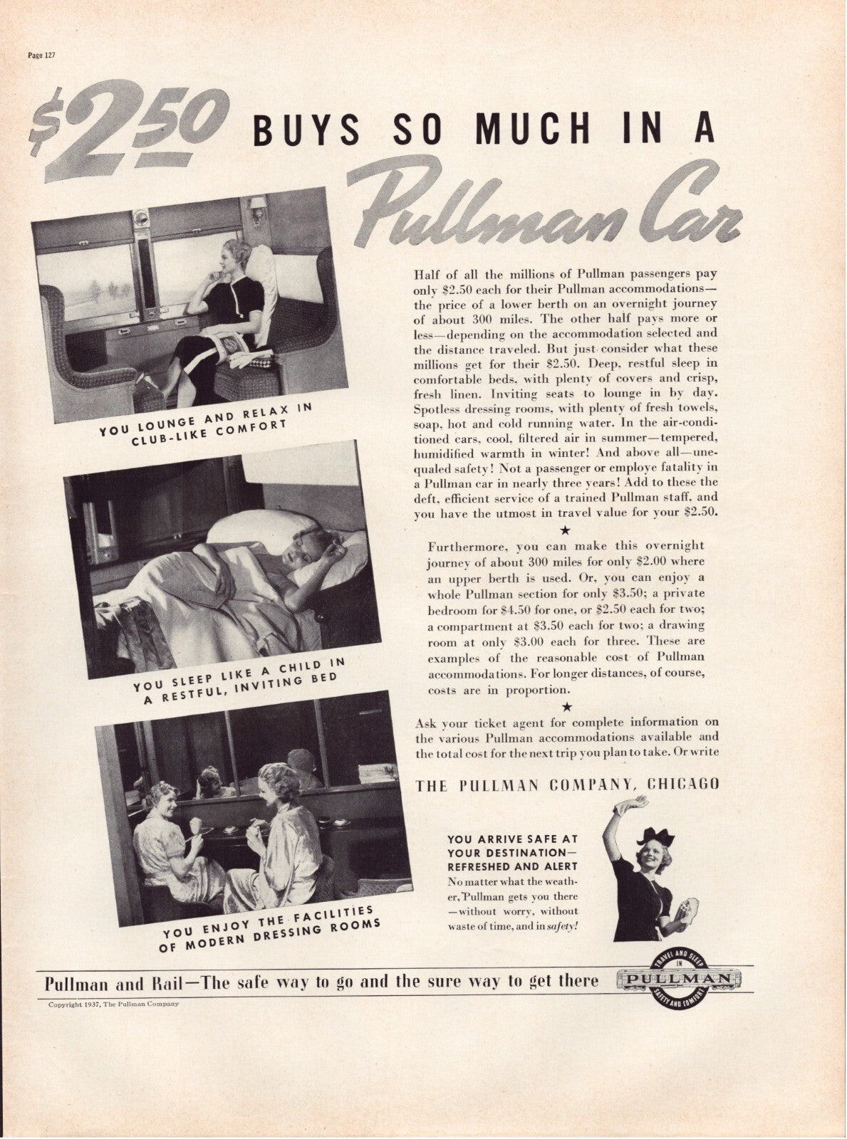 Pullman railroad sleeping car 1937 print advertisement lounge berth travel train interior