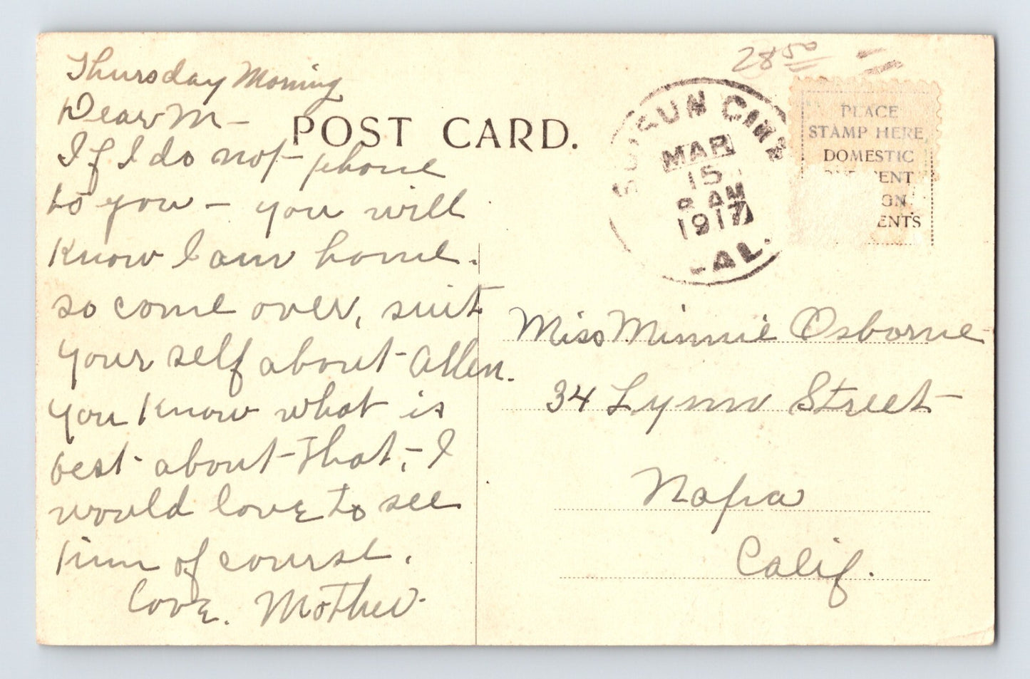 Napa California Randolph Street 1917 Postcard Posted Divided Back