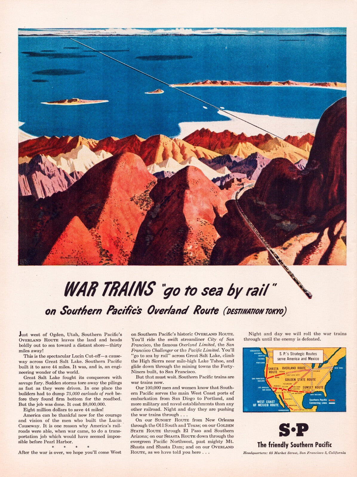 Southern Pacific railroad 1945 war trains go to sea by rail print ad coastal route illustration