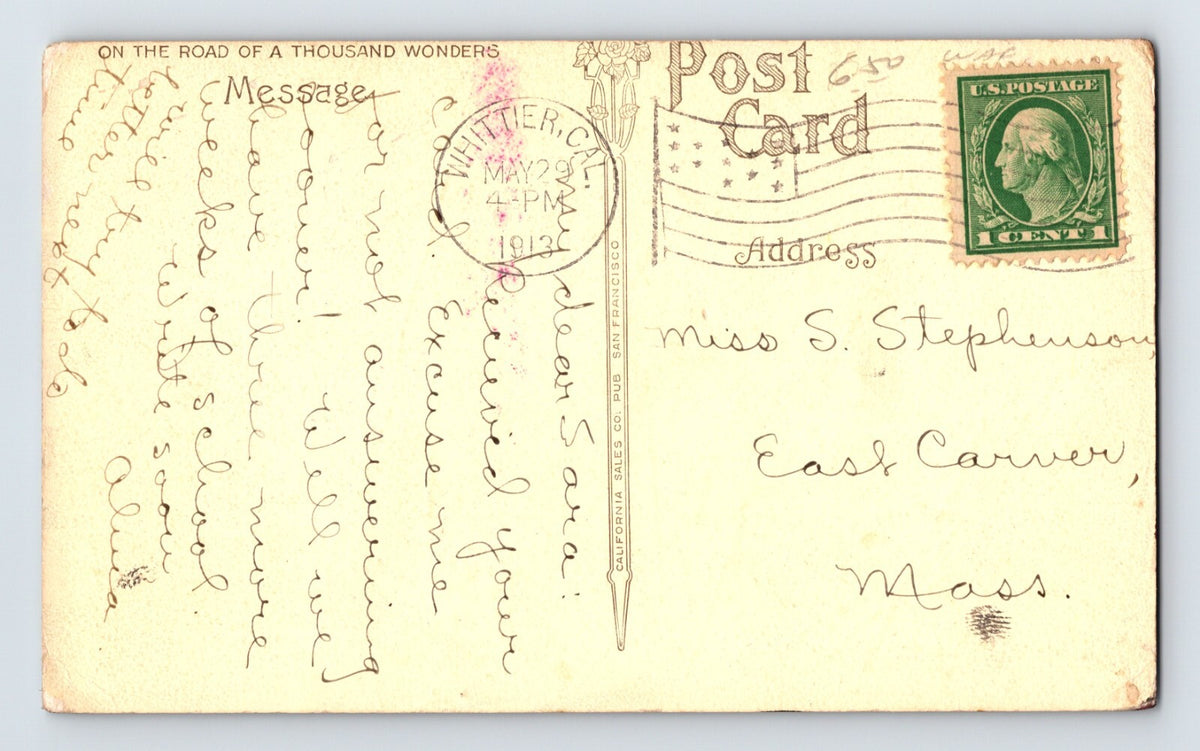Whittier California Pio Pico Mansion Residence 1913 Postcard Posted Sepia