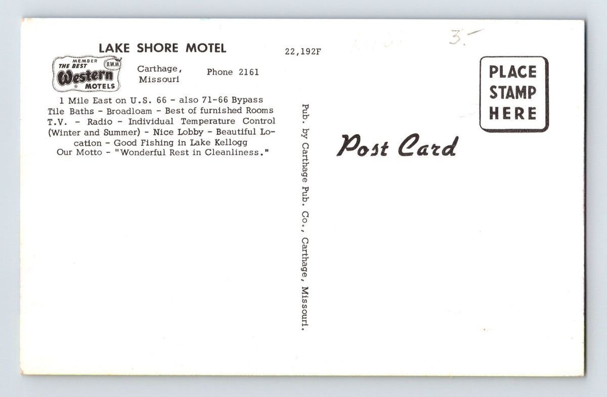 Carthage Missouri Lake Shore Motel Route 66 1950s Postcard Unposted Chrome