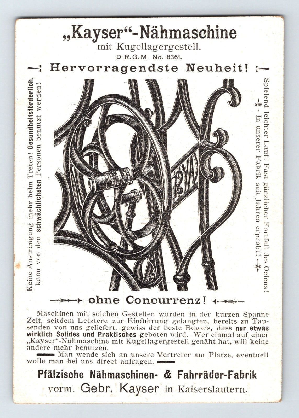 Kayser Nähmaschine Girl Treadle Sewing Machine Germany 1890s Trade Card 3.5 x 5