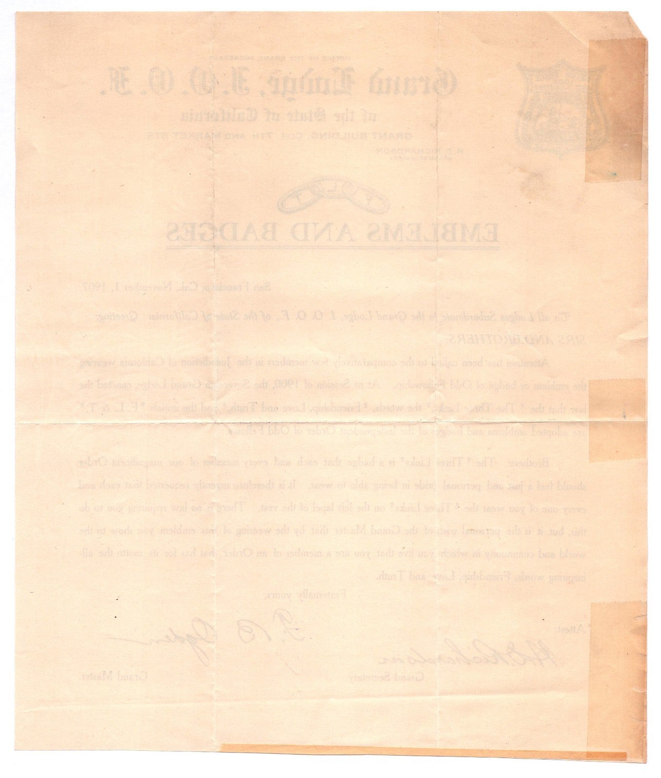 San Francisco California 1907 Odd Fellows Grand Lodge Letterhead 10 x 8.5