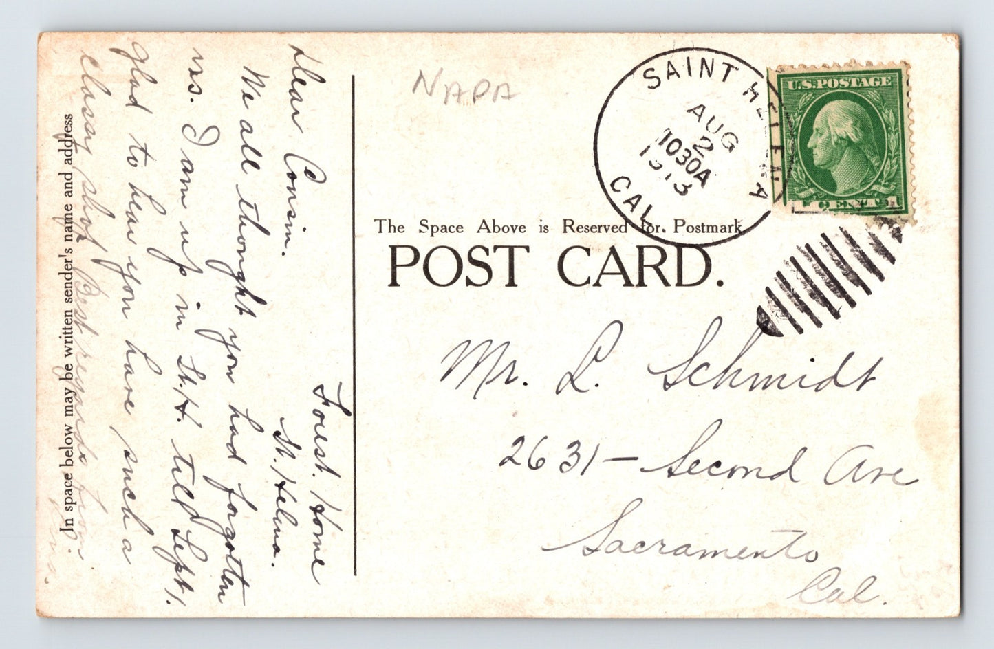 St Helena California Elmhurst Academy School 1913 Postcard Posted
