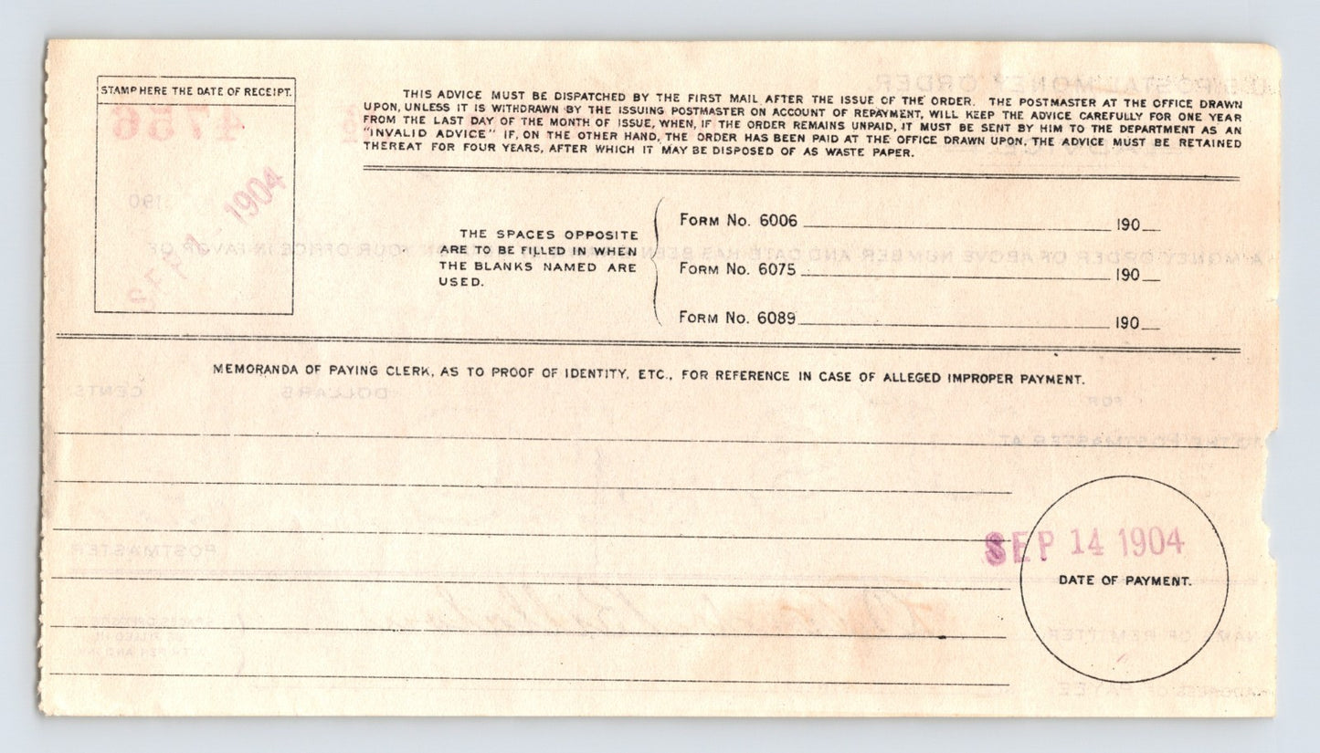 Oleta California Postal Money Order Advice Fiddletown 1904 3.5 x 6.25
