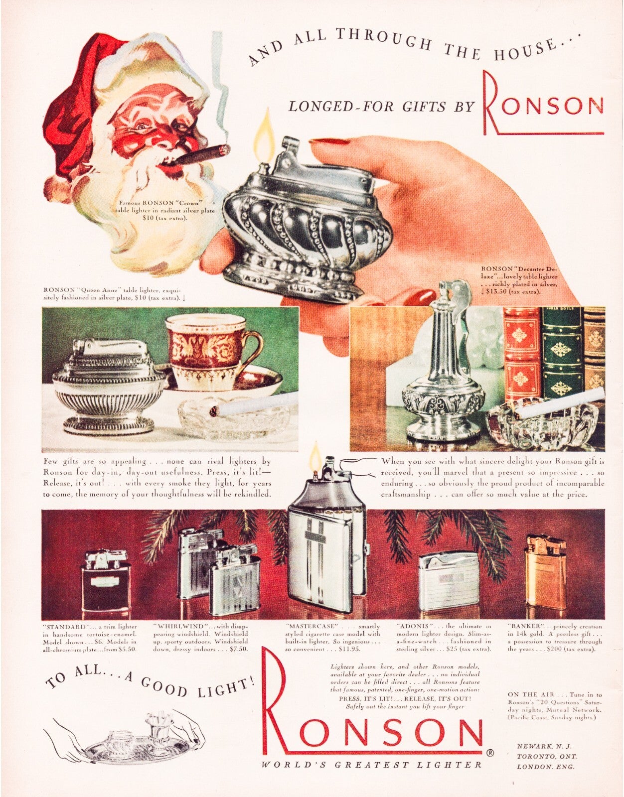 Ronson Lighter 1947 Santa Smoking Cigar Christmas Full Page Print Ad 10.5 x 13.5