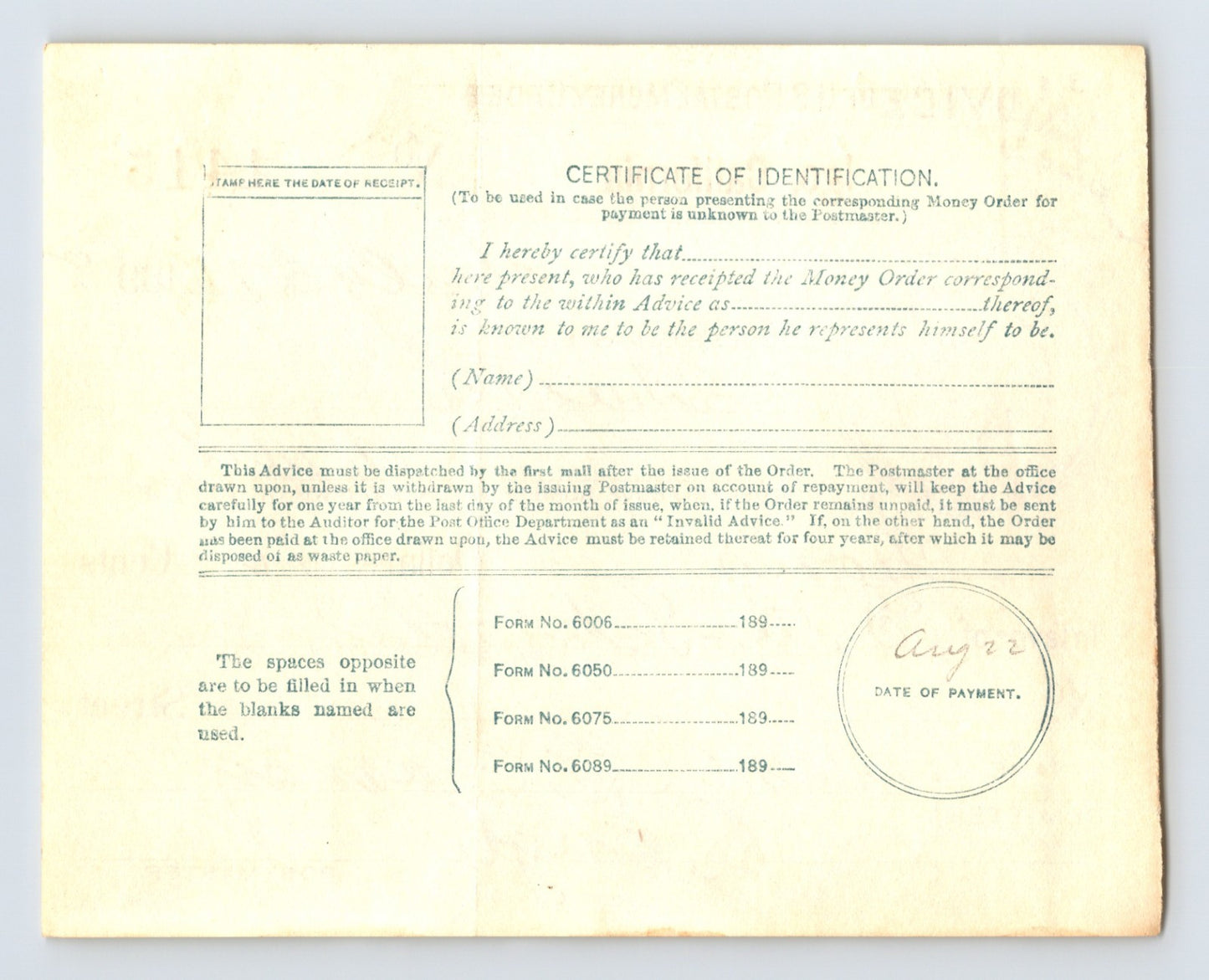 Igo California 1898 Postal Money Order Advice Shasta 5 x 4
