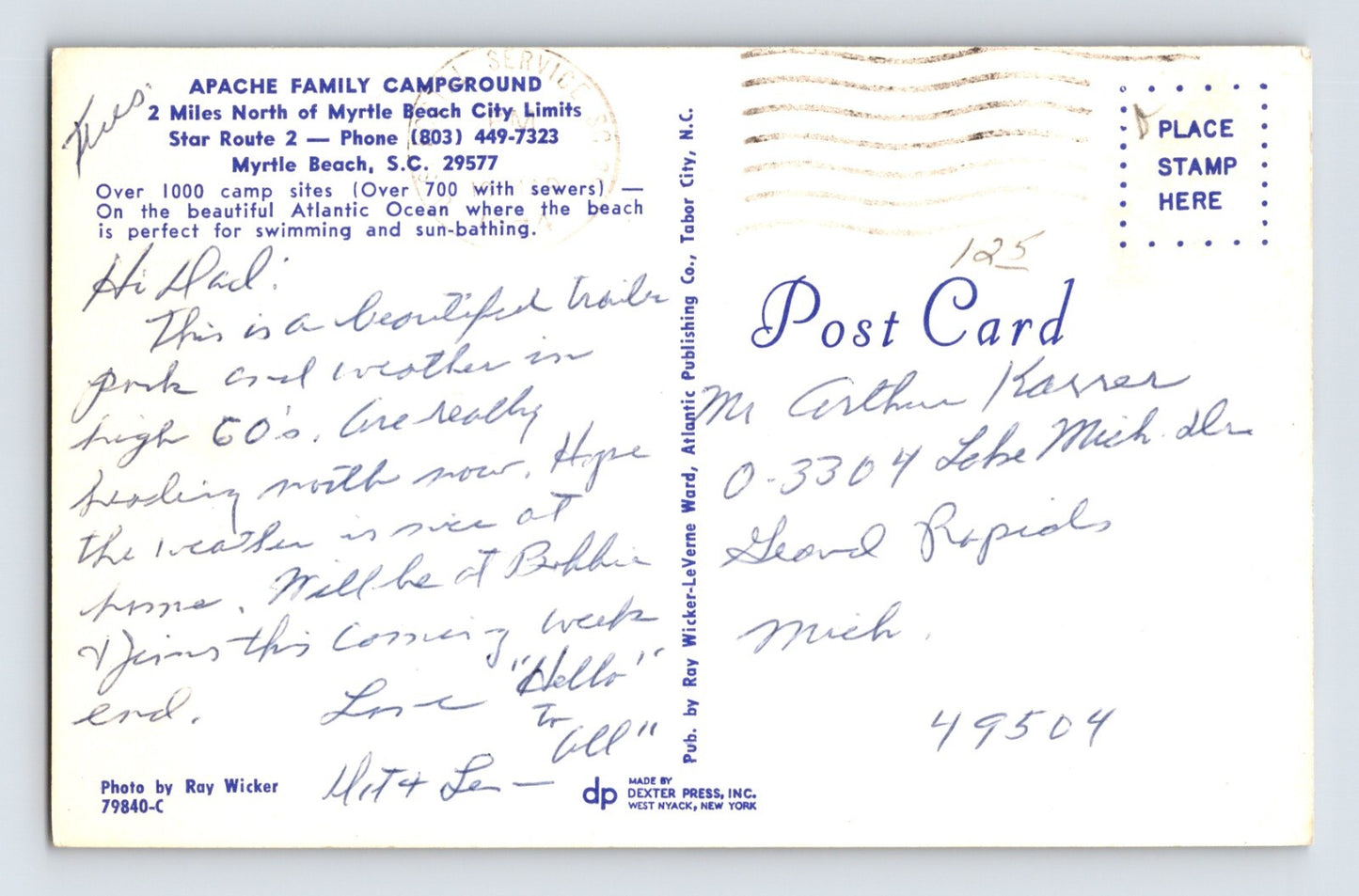 Myrtle Beach South Carolina Apache Camp Ground 1974 Postcard Posted Chrome