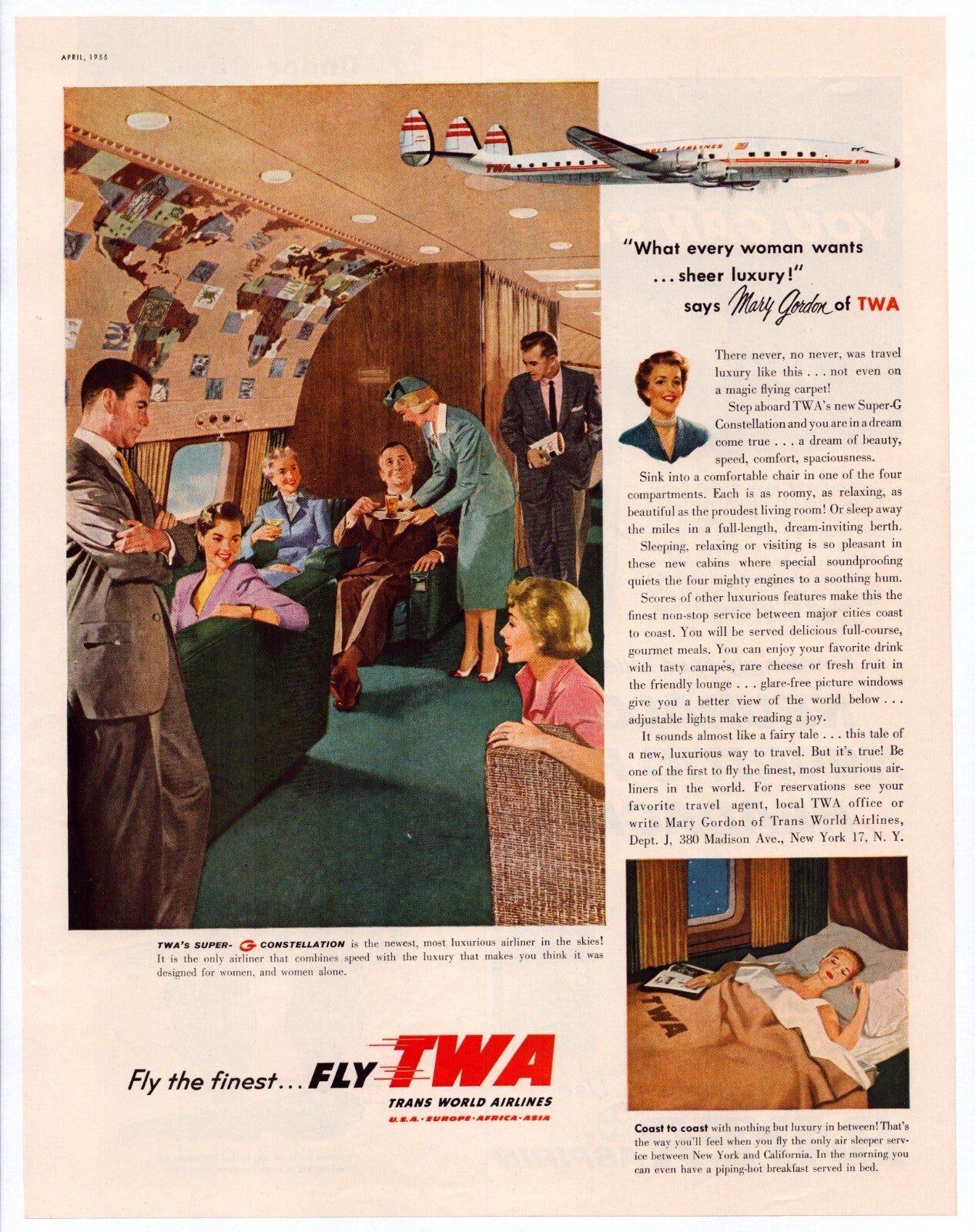 TWA Trans World Airlines 1955 Super Constellation Print Ad 13.5 x 10.5
