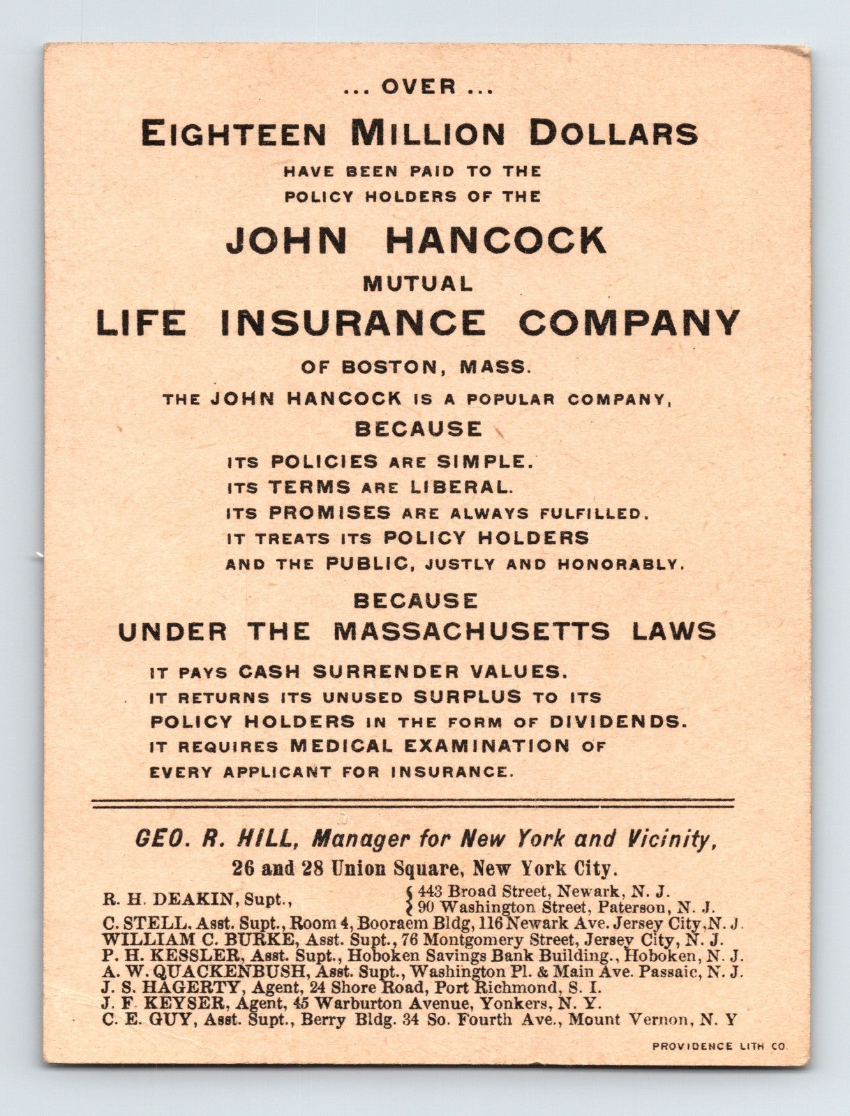 Battleship Massachusetts John Hancock Insurance 1890s Trade Card - 3.5 x 4.5