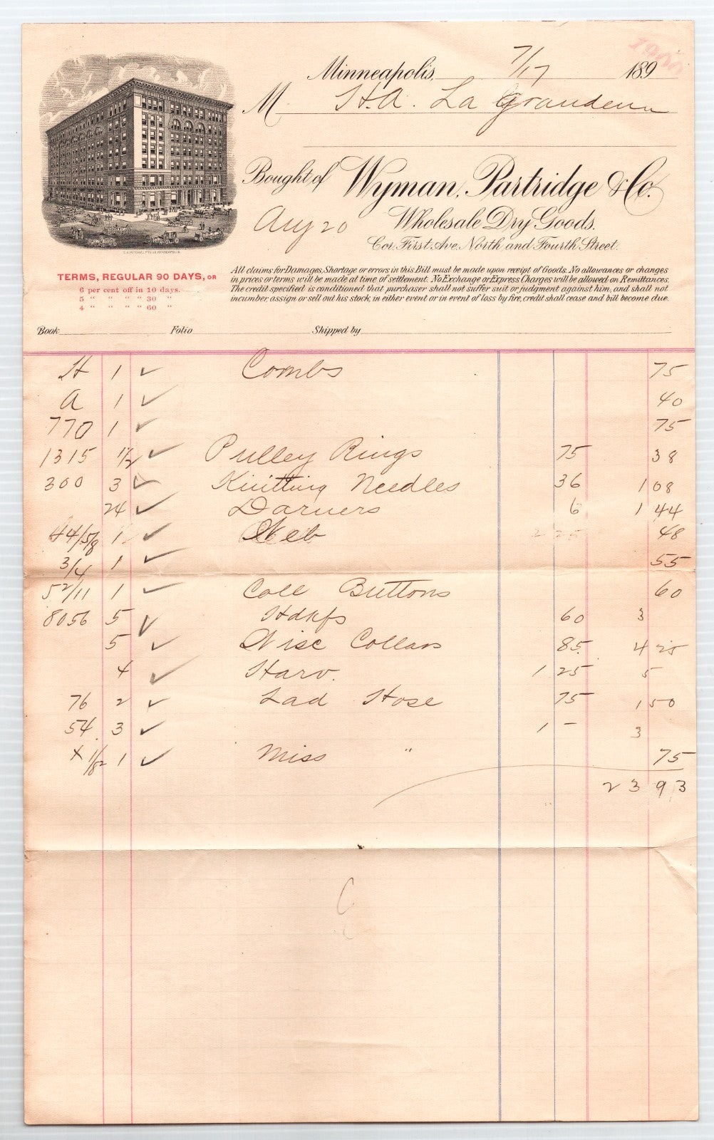 Minneapolis Minnesota Wyman Partridge Dry Goods 1900 billhead handwritten ledger invoice document
