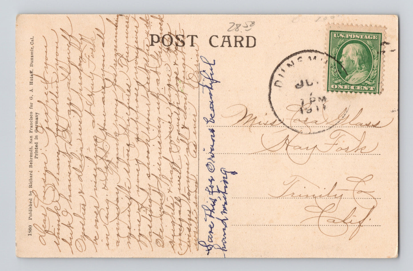 Dunsmuir California Mt Shasta Lily 1911 Postcard Posted Divided Back