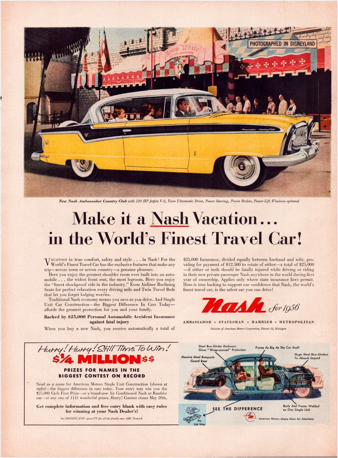 Disneyland Nash Ambassador 1956 Snow White Print Ad Full Page 10.5 x 13.5