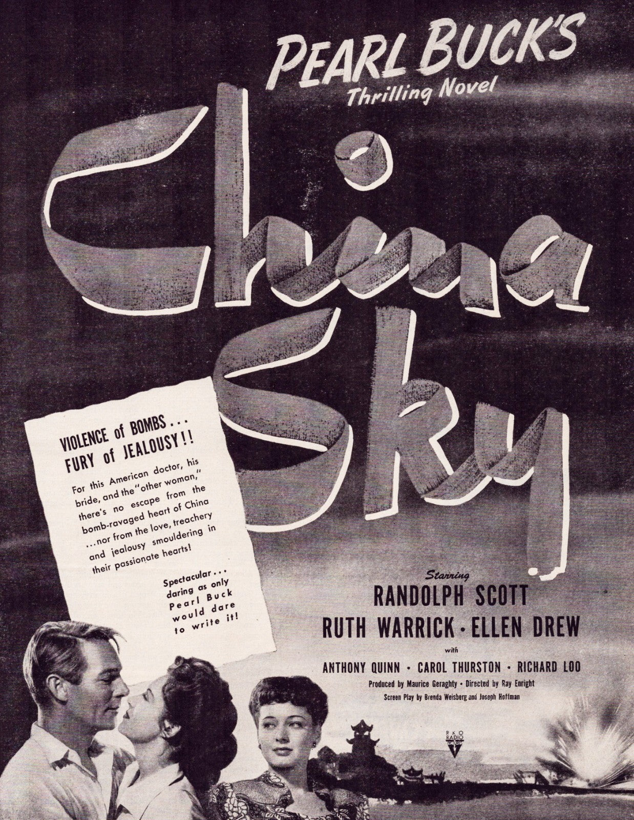 China Sky Film 1945 Print Ad Pearl Buck Randolph Scott Ruth Warrick 10.5 x 13.5