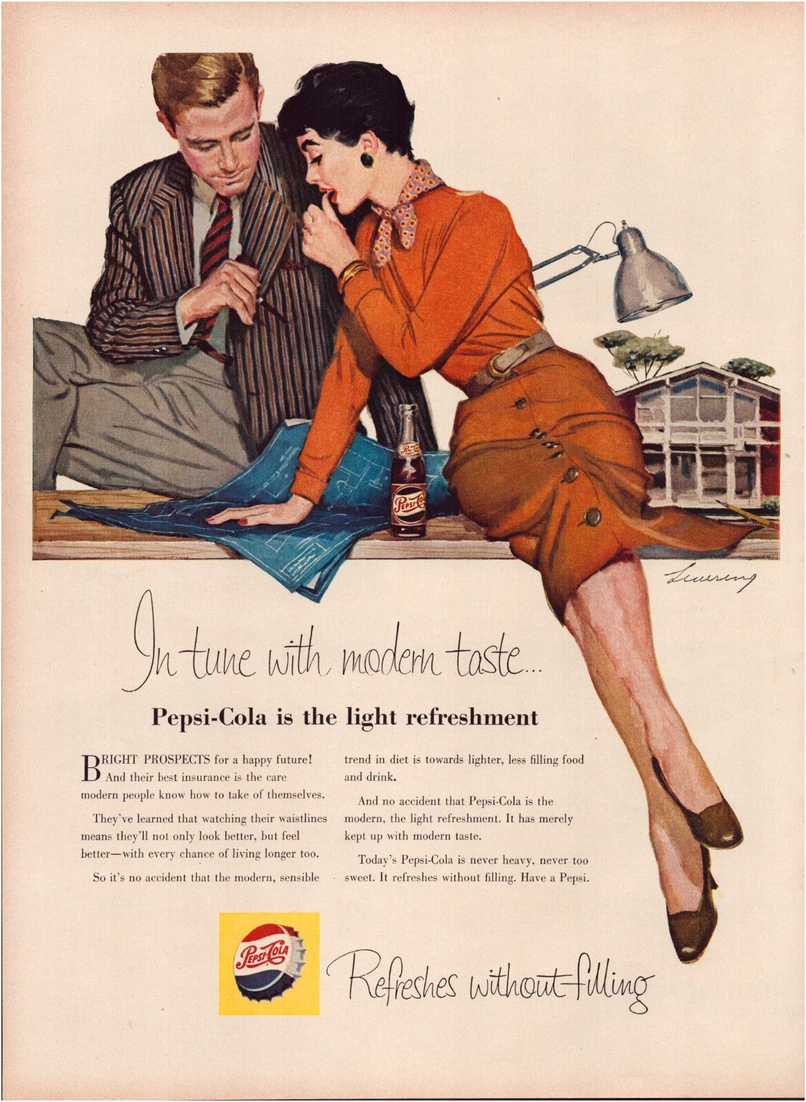 Pepsi Cola 1955 office couple blueprints flirt illustration vintage soda print ad