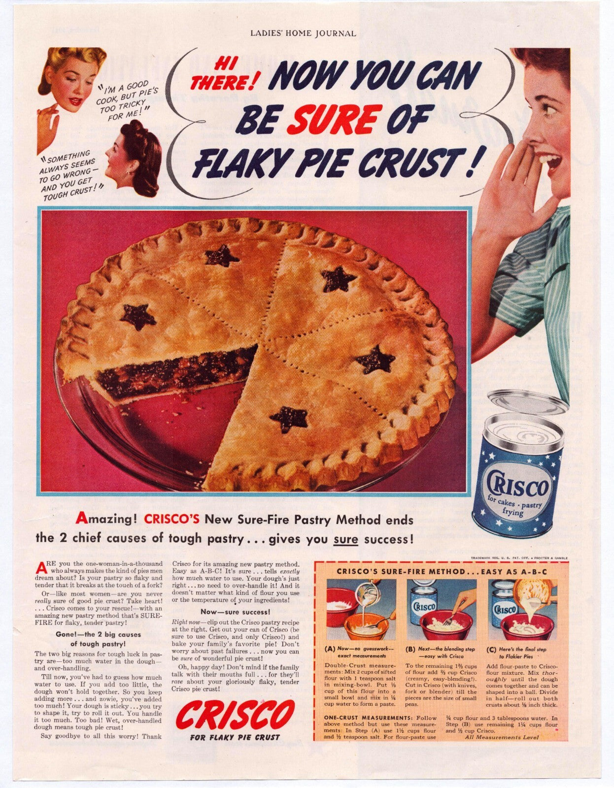 Crisco 1941 print ad featuring flaky pie crust recipe with sliced pie image and instructional baking method illustration