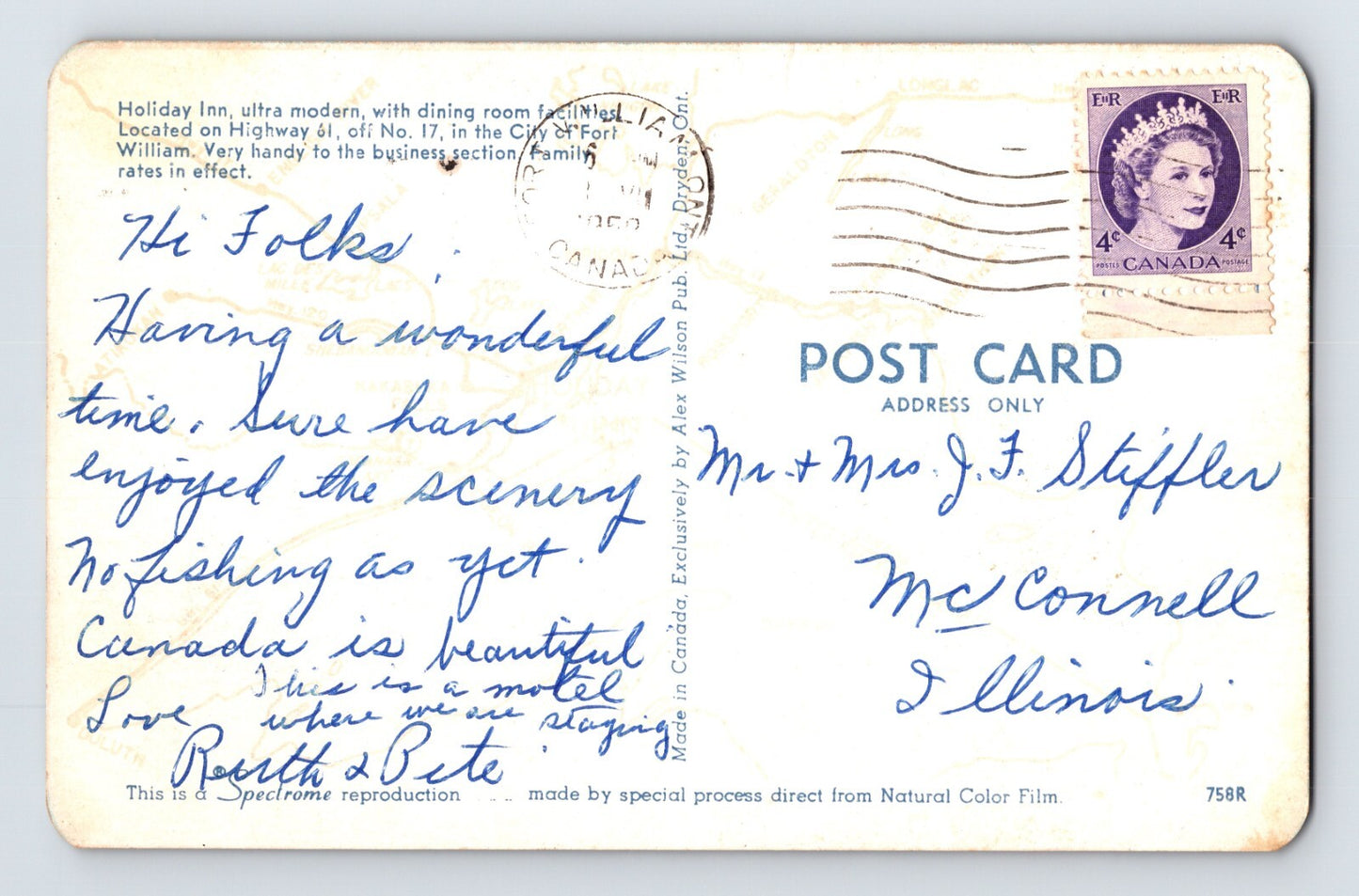 Fort William Ontario Holiday Inn Motel 1950s Postcard Posted Chrome
