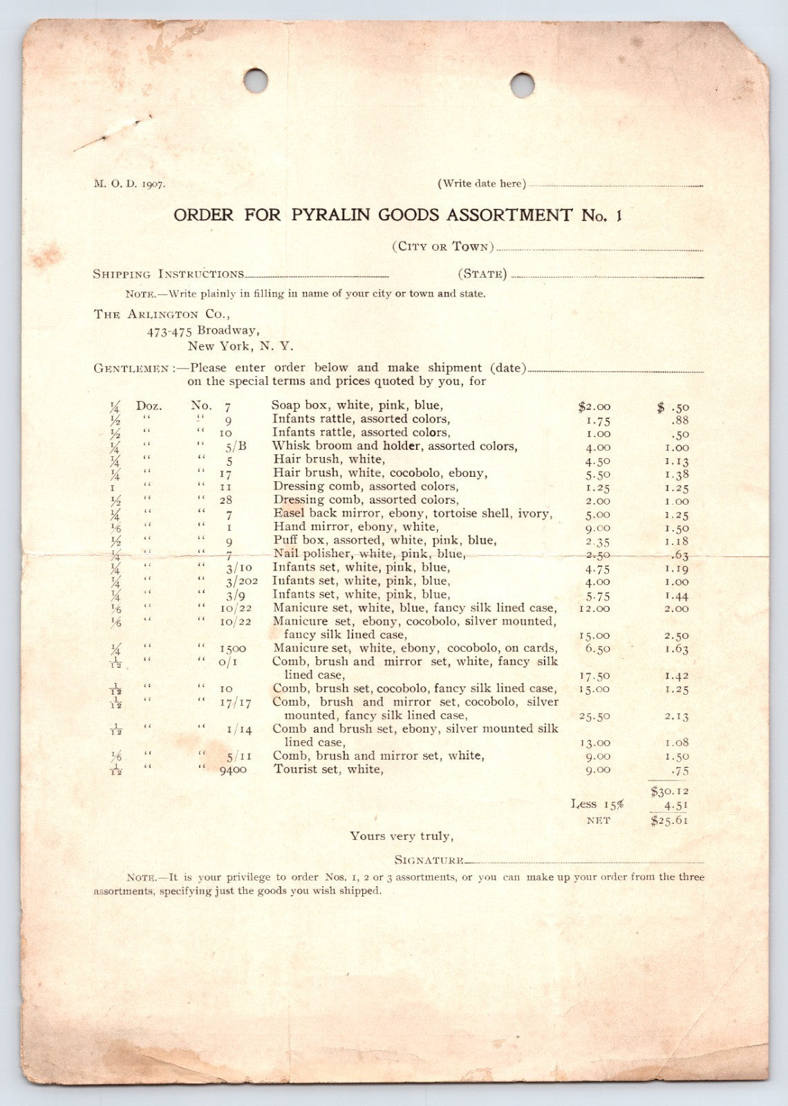New York City 1907 Arlington Company Pyralin Goods Order Form 8.5 x 11