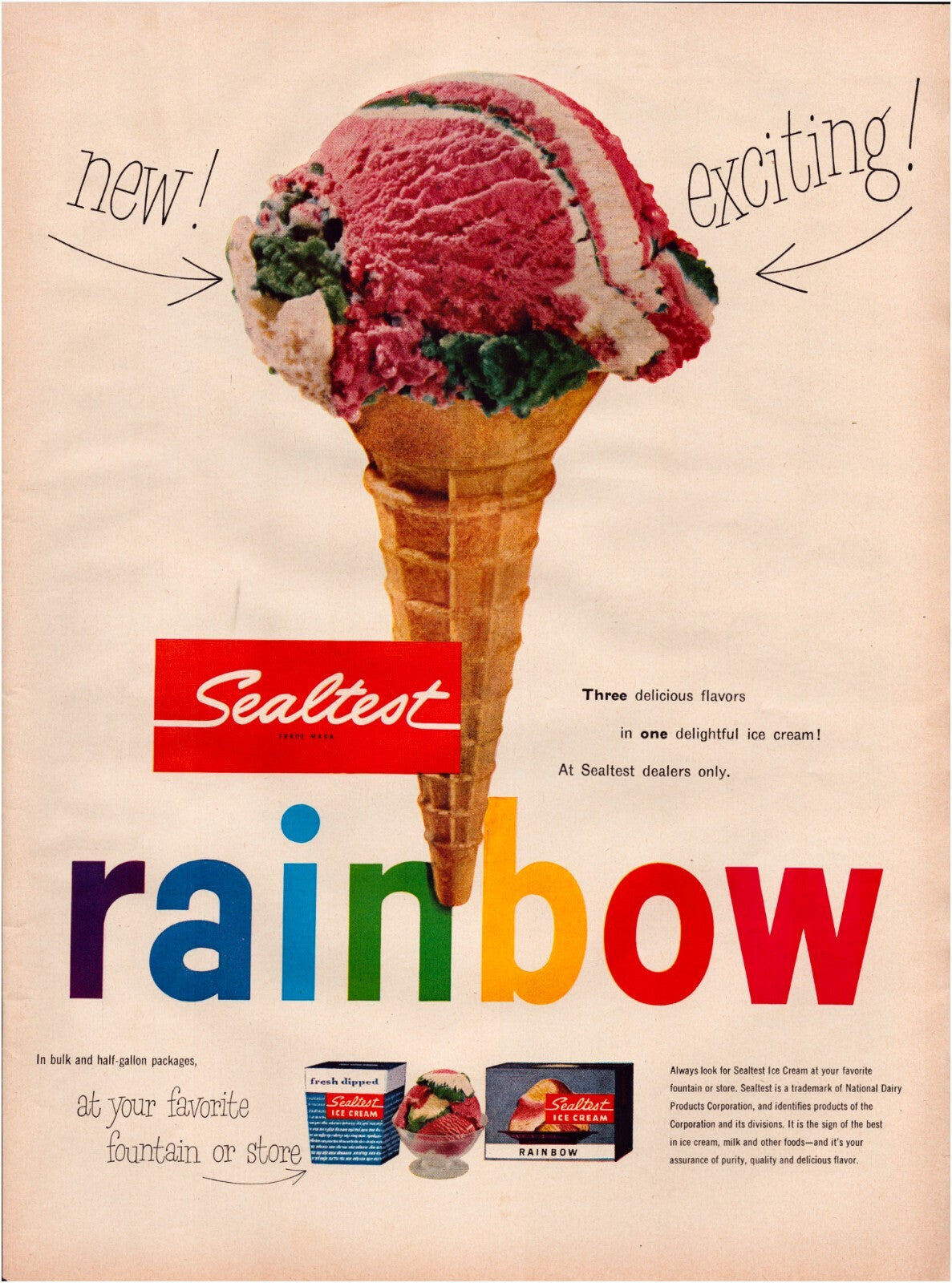 1953 Sealtest Rainbow ice cream advertisement with triple scoop cone and colorful rainbow text design