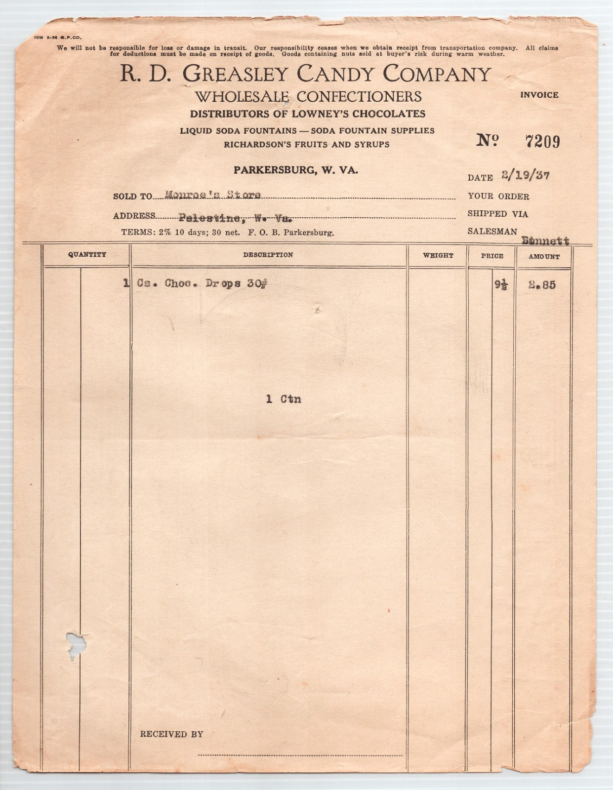 Parkersburg West Virginia 1937 R D Greasley Candy Billhead Invoice 8.5 x 11