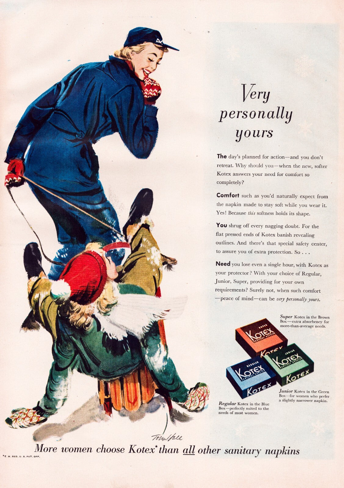 Kotex 1950 Snow Sled Pin-Up Print Ad 10.5 x 13.5