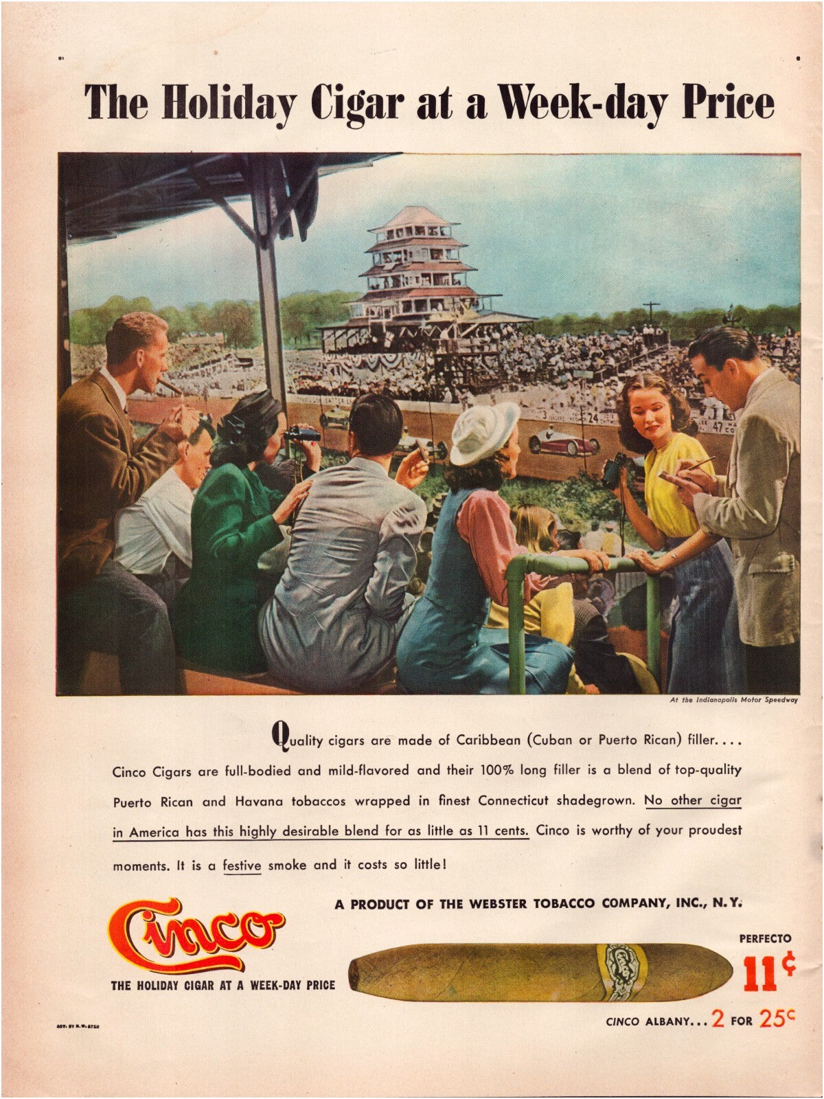 Cinco Cigar 1947 auto racing grandstand crowd print ad full page vintage tobacco advertising