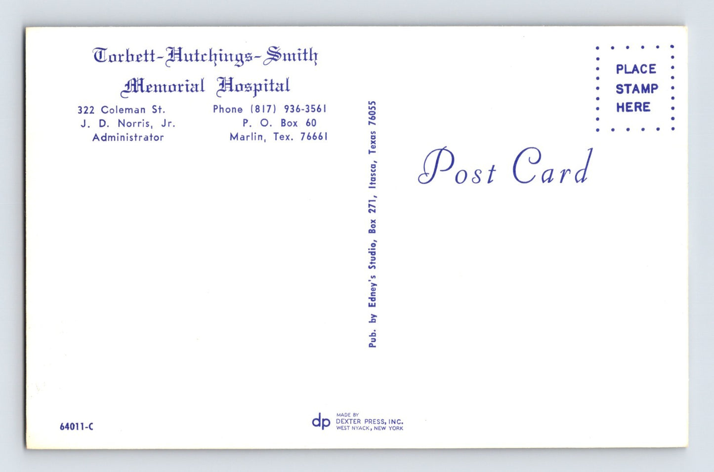 Marlin Texas Torbett Hutchings Smith Hospital 1960s Postcard Unposted Chrome