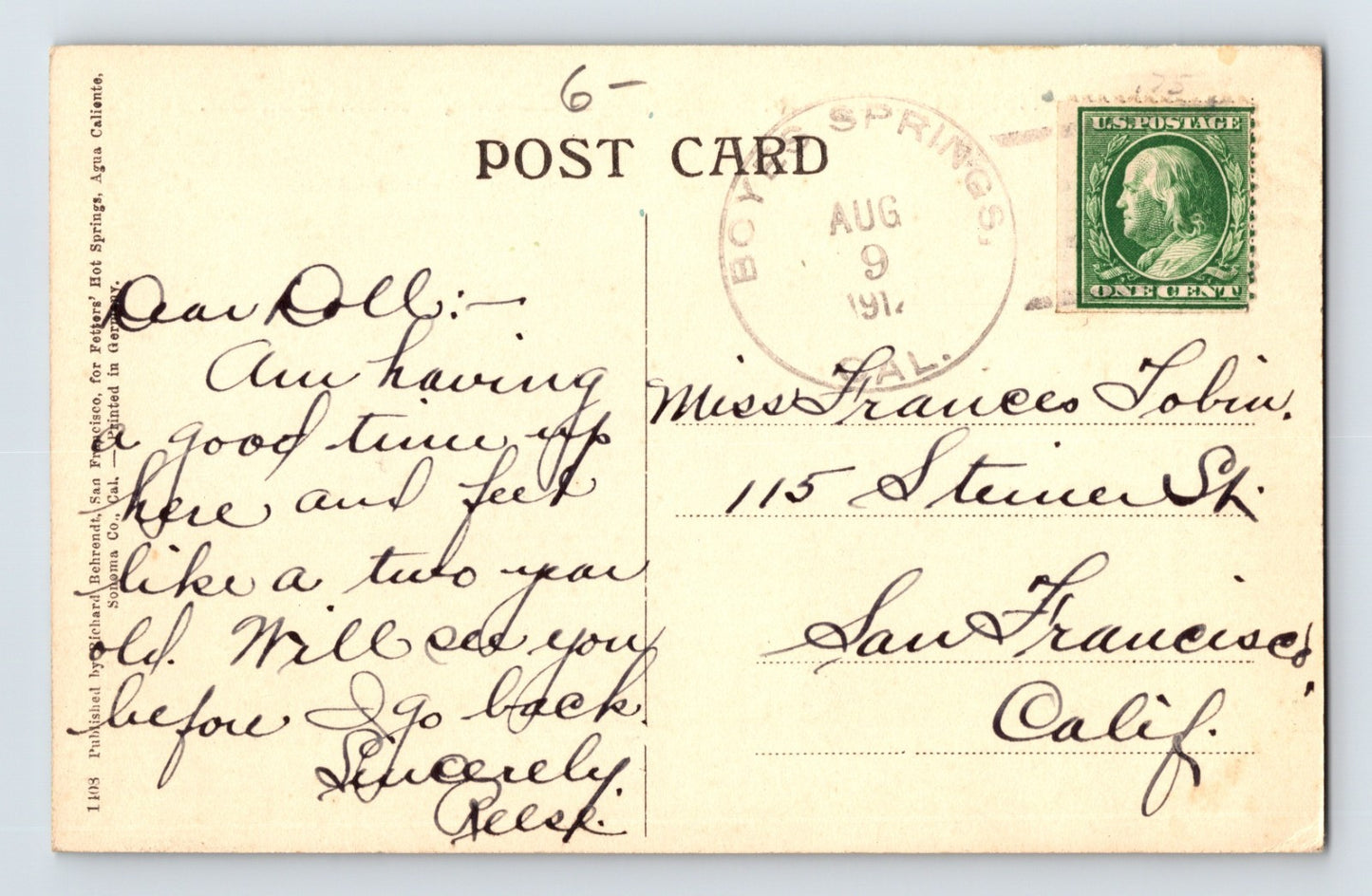 Agua Caliente California Fetters Hot Springs Hotel 1914 Postcard Posted