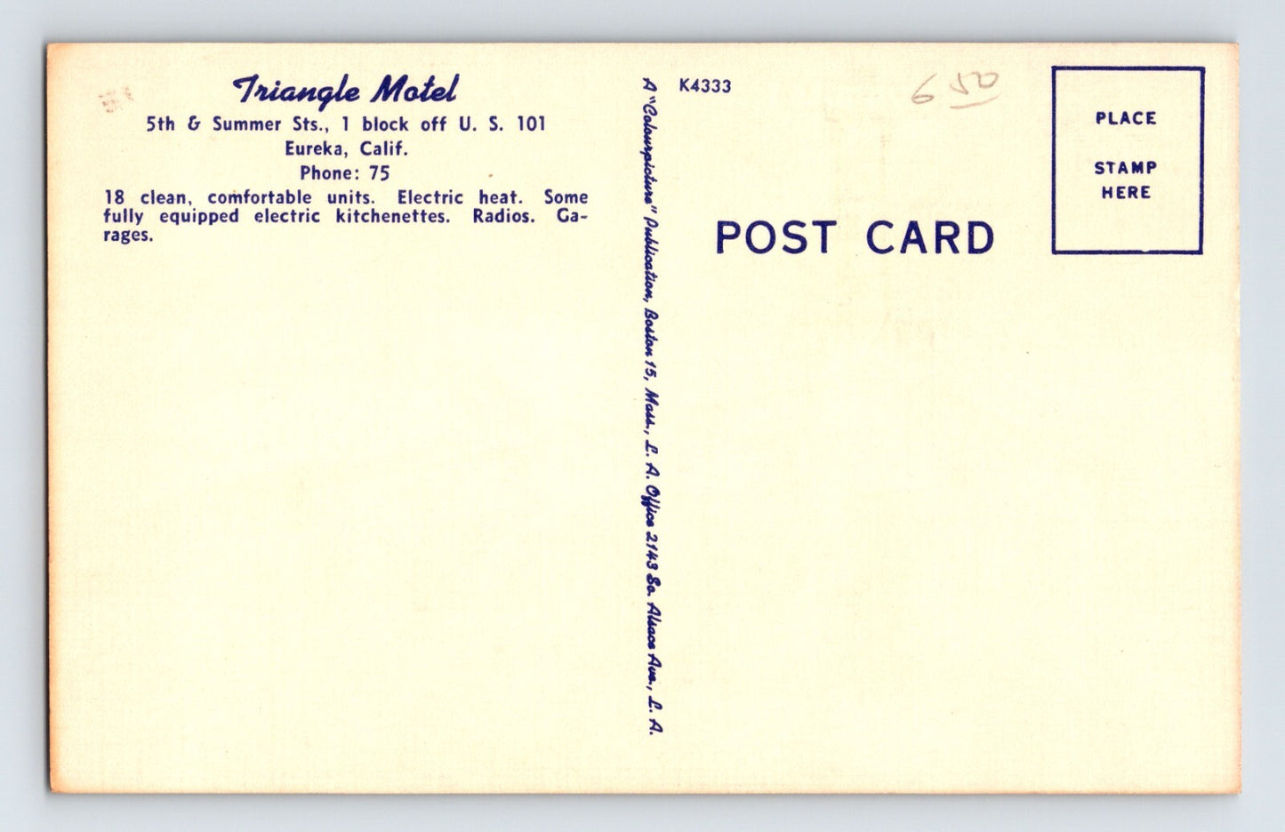 Eureka California Triangle Motel 1940s Linen Postcard Unposted