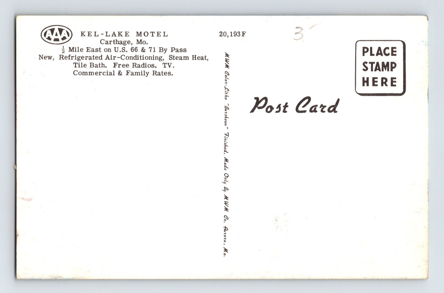 Carthage Missouri Kel Lake Motel Route 66 1950s Postcard Unposted Chrome