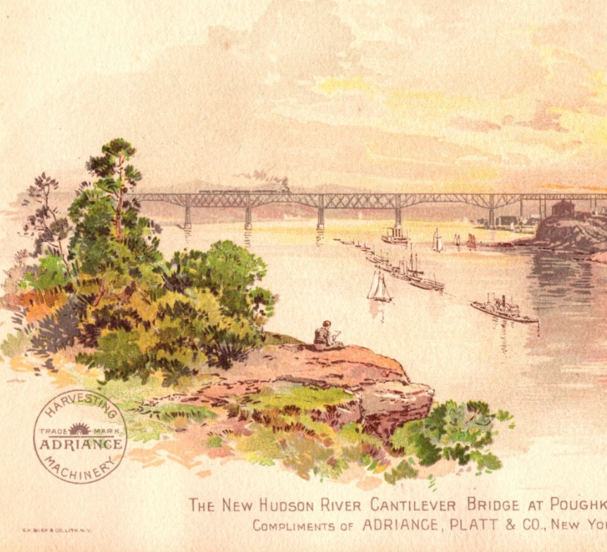 Adriance Mowers Hudson River Bridge Poughkeepsie New York 1890s Trade Card 7 x 5