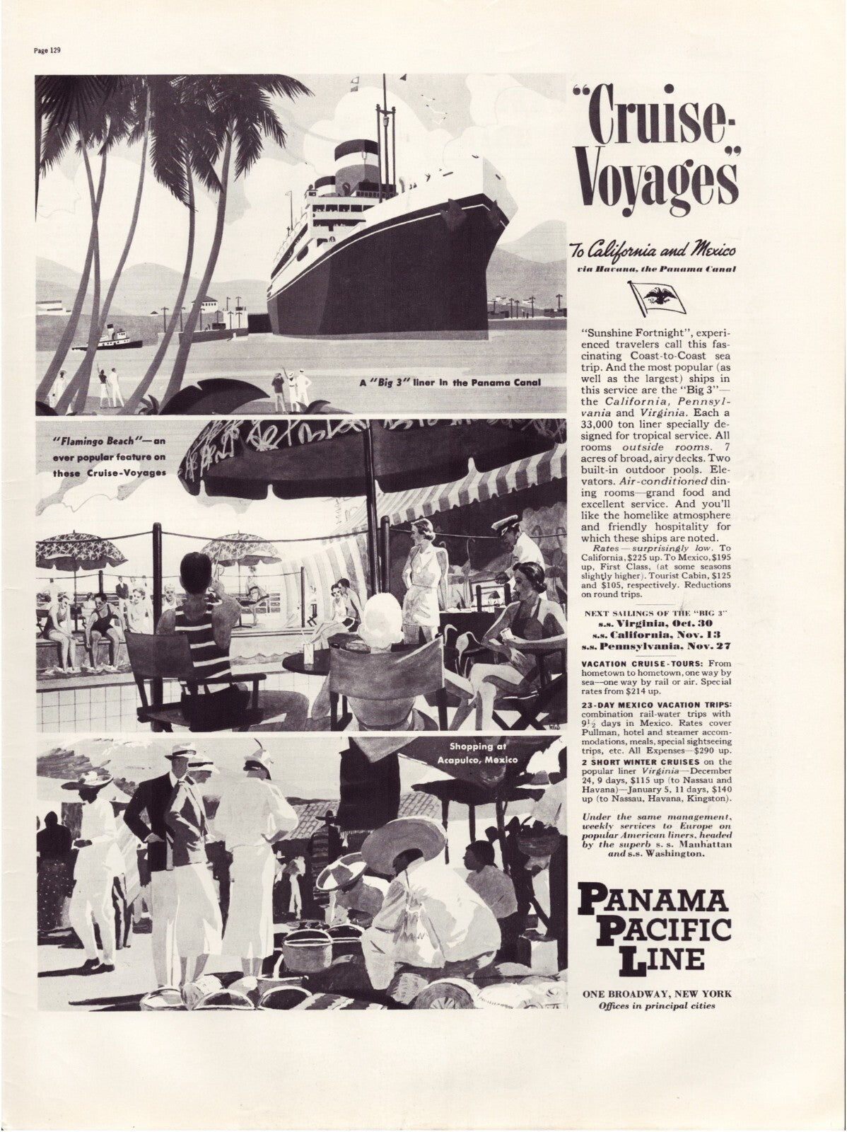 Panama Pacific Line 1937 cruise voyages print ad with ocean liner and leisure scenes in Mexico