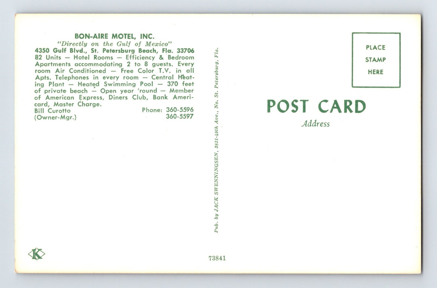 St Petersburg Florida Bon Aire Resort Motel 1960s Postcard Unposted Chrome