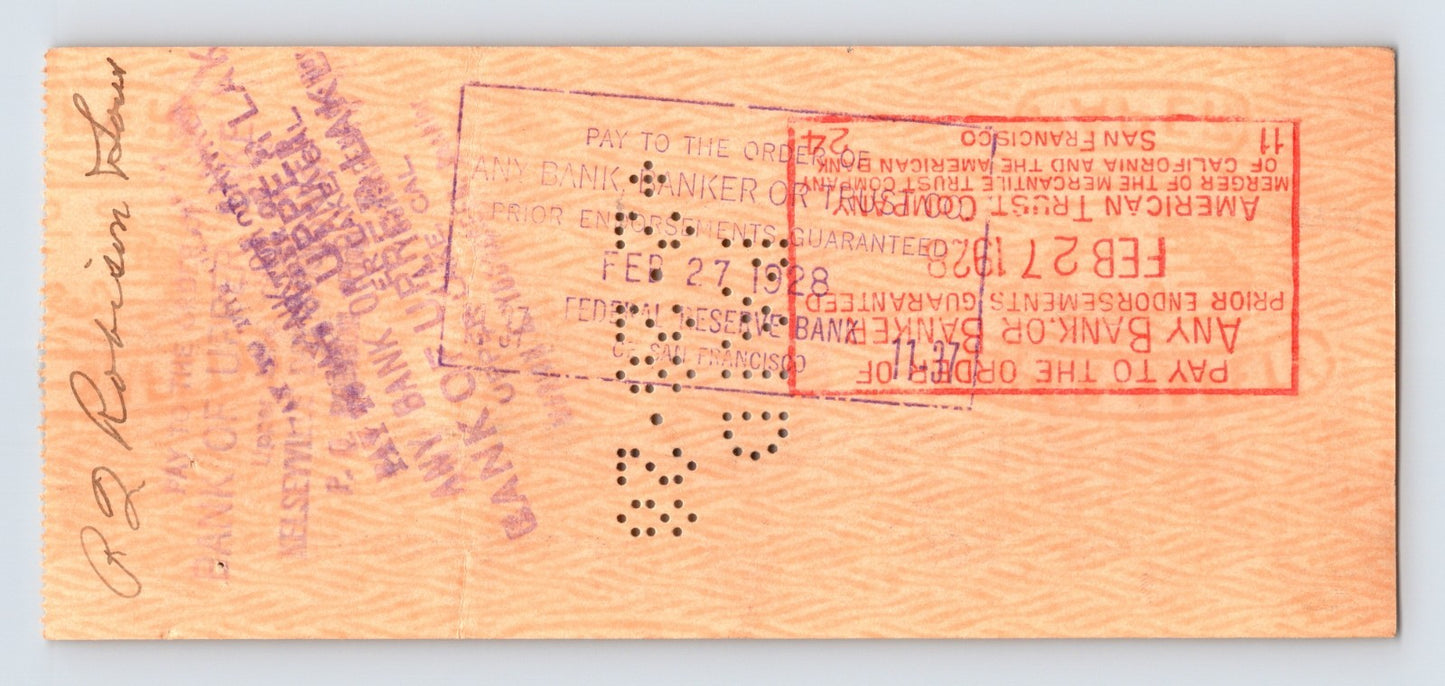 Hopland California Bank 1928 Money Order Check 2.75 x 6