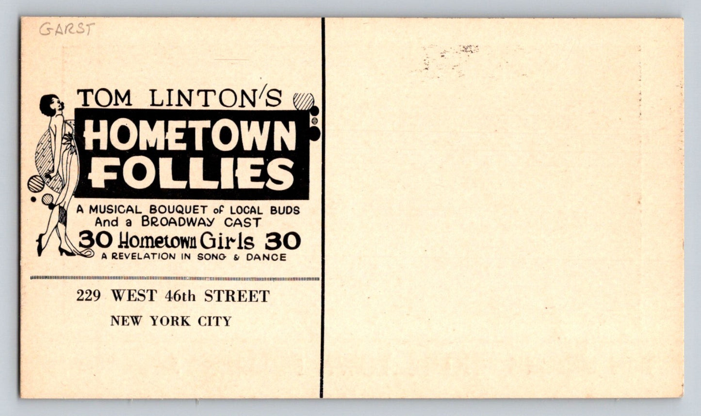 New York City Tom Linton Home Town Follies 1927 Risque Burlesque Postcard Unposted