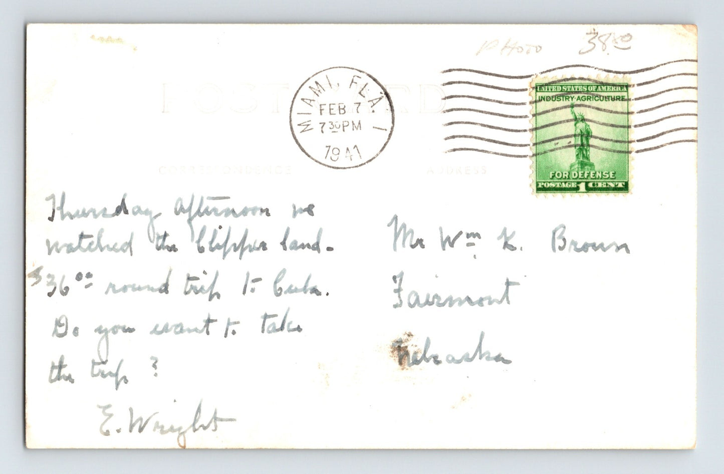 Miami Florida Pan Am American Airways Clipper Plane 1941 Postcard RPPC Posted