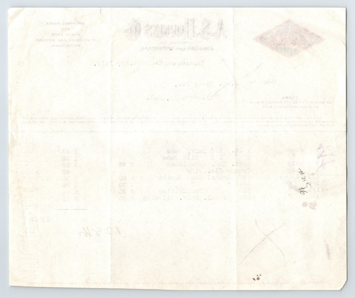 Sacramento California 1916 A S Hopkins Paper Goods Billhead Invoice 8.5 x 7