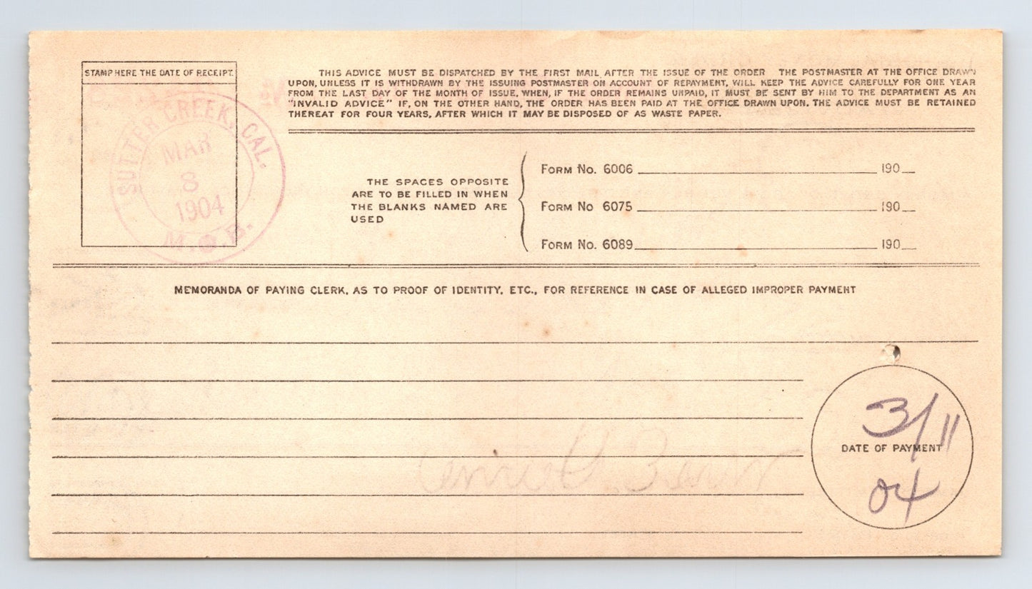 Nevada City California 1904 US Postal Money Order Advice Sutter Creek 3.5 x 5.5