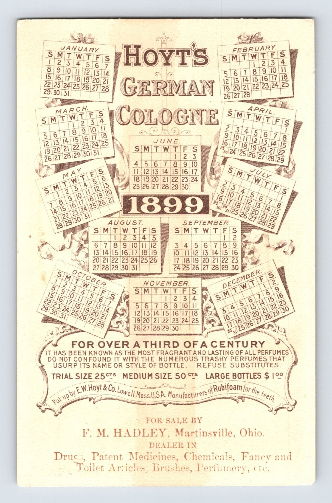 Hoyts German Cologne 1899 Ladies Perfumed Calendar Trade Card 5.5 x 3.5