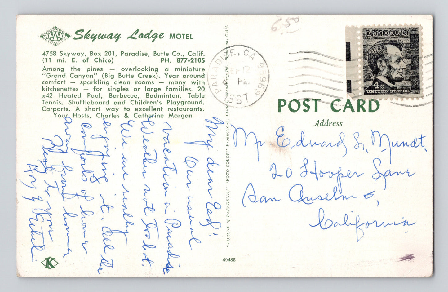 Paradise California Skyway Lodge Motel 1960s Postcard Posted Chrome
