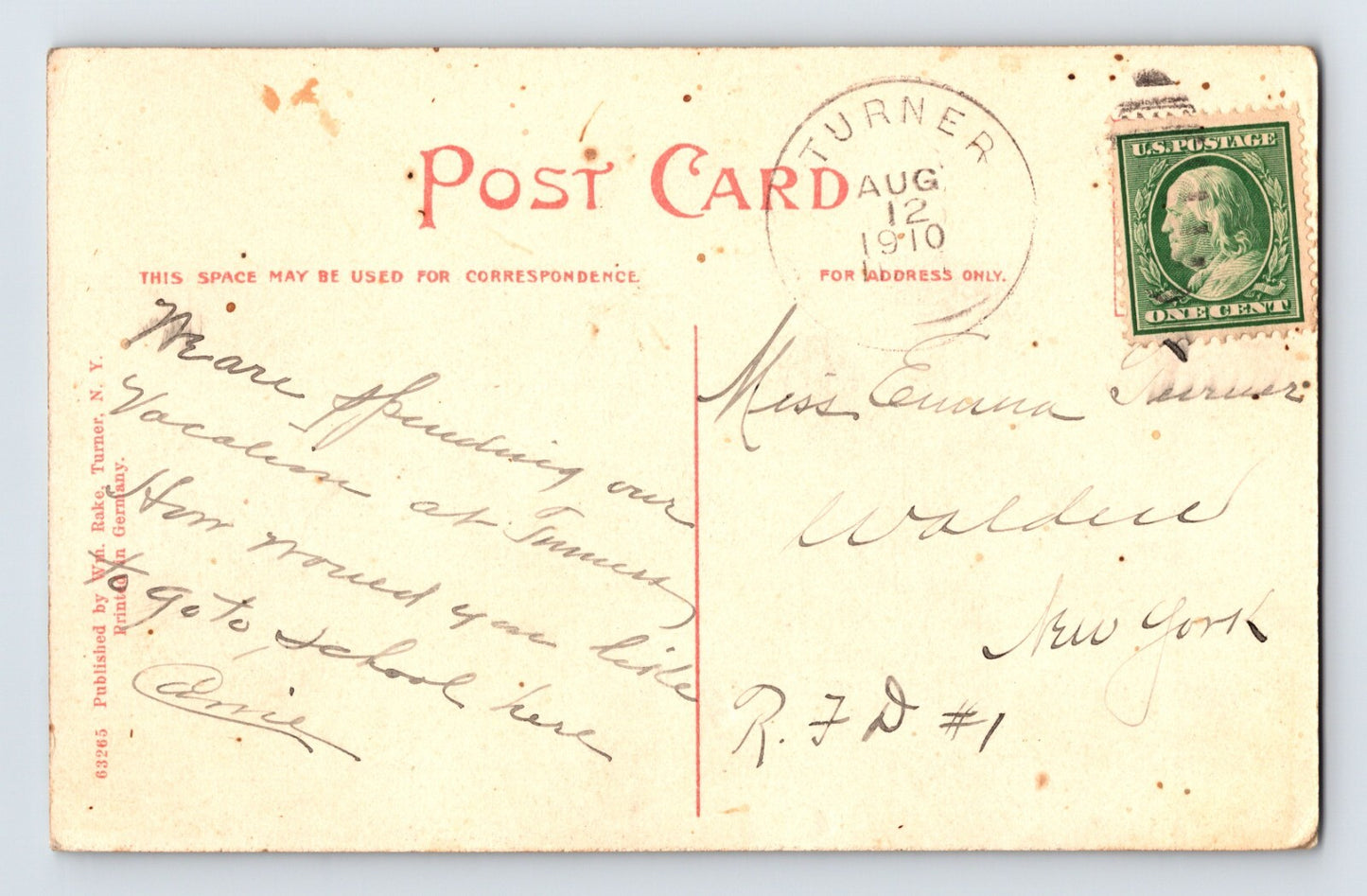 Turner New York Union School Monroe 1910 Postcard Posted Divided Back