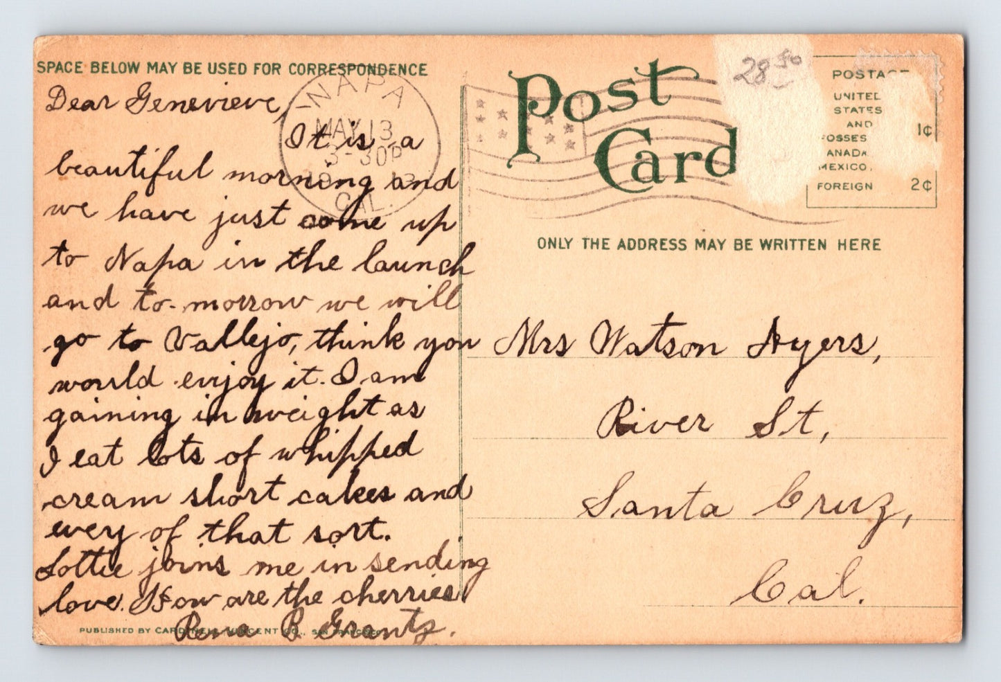 Napa California Main Street Autos Cars 1913 Postcard Posted Divided Back