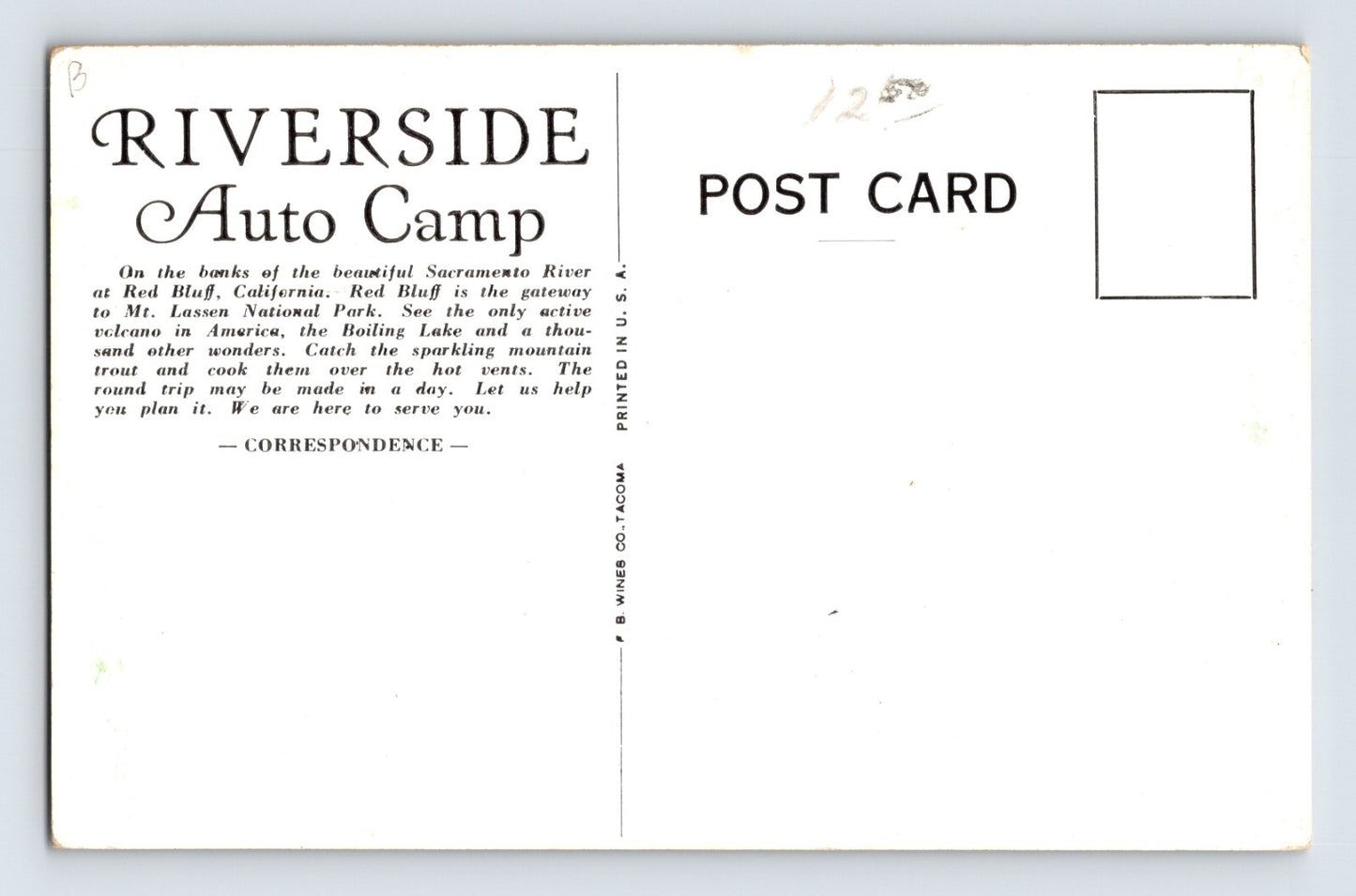 Red Bluff California Riverside Auto Camp 1930s Postcard Unposted Black and White